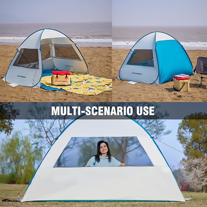 EchoSmile Pop Up Beach Tent for 4 Person Family, UPF 50+ Sun Shelter & Waterproof Beach Shade for Kids, Automatic Easy Setup Portable Cabana for Outdoor Travel（Light Blue）