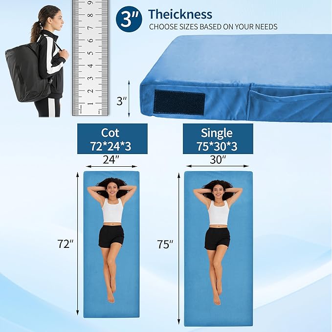 3 Inch Memory Foam Camping Mattress Pad, Dual Layer Thick Sleeping Camp Mat for Sleepover Car Tent, Portable Roll Up Mattress for Adults with Travel Bag