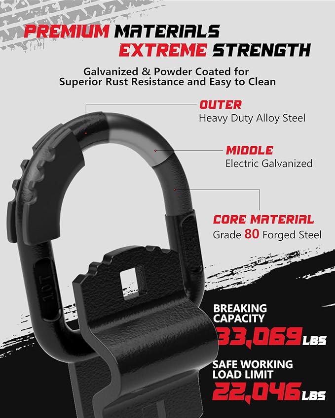 D-Ring Tie Down Anchors with Rubber Isolators, 4 Pack Heavy Duty 10 Ton Capacity Carbon Steel, Bolt-On with Mounting Hardware, Zinc & Powder Coated for Trailer, Truck, Pickup, Garage-Black