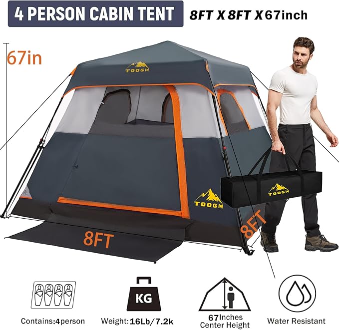 3/4 Person Camping Tent with 1 Door, 4 Windows, and Upgraded Ventilation– Instant Setup, Waterproof, 8'x 8'x 67''Oxford Fabric Floor Pop Up in 60 Seconds Includes Rainfly and Backpack