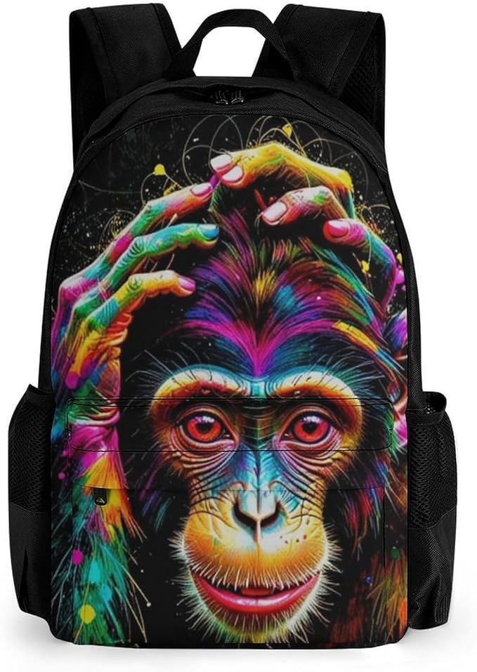 Polyester Daypack Backpack for Climbing Outdoors Running, Big Capacity Multipurpose Anti-Theft Bookbag, Clever Animals Monkey Art Travel Hiking Camping Rucksack