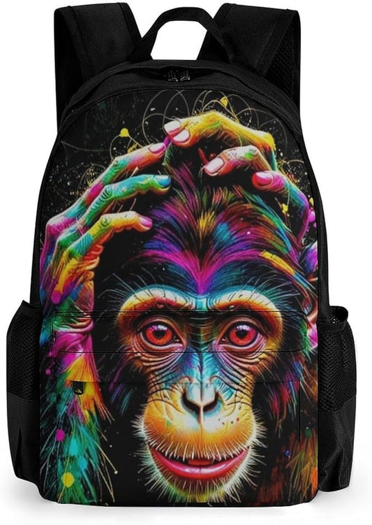 Polyester Daypack Backpack for Climbing Outdoors Running, Big Capacity Multipurpose Anti-Theft Bookbag, Clever Animals Monkey Art Travel Hiking Camping Rucksack