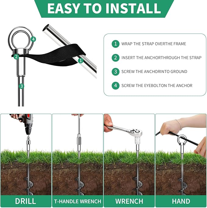 Phopich Ground Anchors Screw in, Swing Set Anchors Heavy Duty Tent Stakes Trampoline Anchors, 15" Spiral Earth Anchors with Straps for High Winds