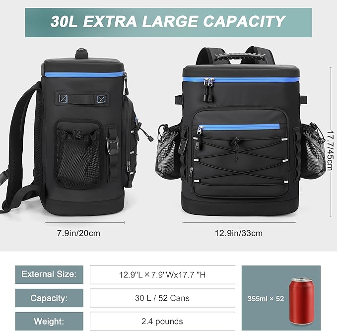 Large 52cans Cooler Backpack, Insulated, Waterproof, Leak Proof, 30L Large Capacity