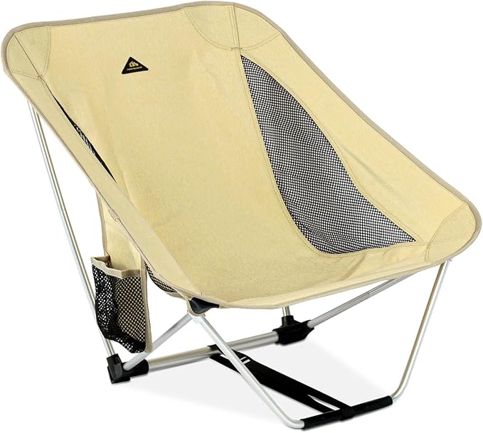 iClimb Low Ultralight Compact Camping Folding Chair with Side Pocket and Carry Bag (Beige)