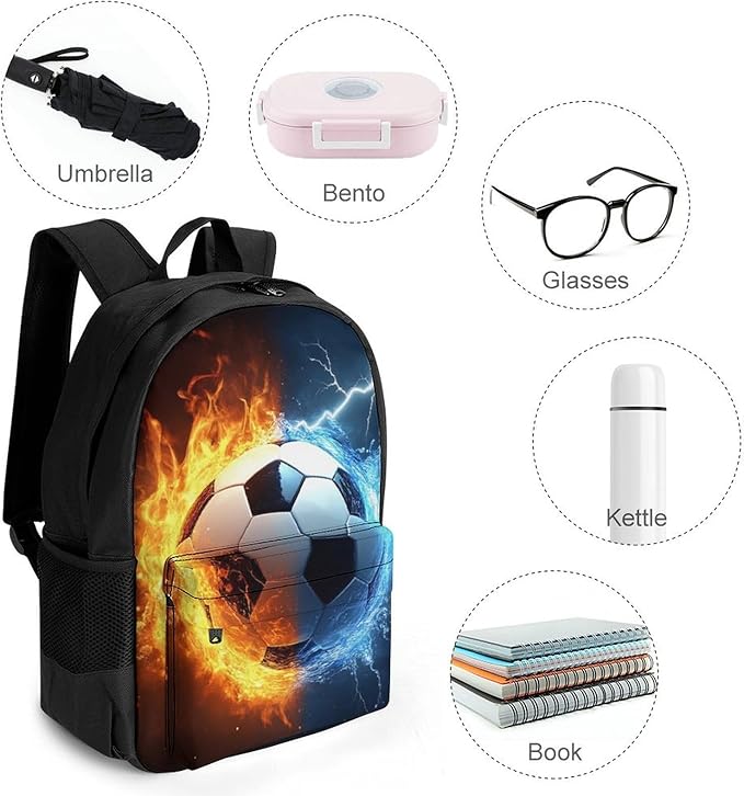 Men Women Polyester Water And Fire Soccer Ball Daypack Backpack Large Capacity Carry On Bag With Smooth Zippers for Hiking Picnic Walking Cycling