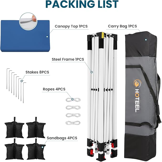 HOTEEL Canopy Tent 10x10 Pop Up Canopy, Easy Setup Canopy Tent with Sandbags, Stakes & Ropes, UPF 50+ Waterproof Outdoor Instant Portable Shelter for Party, Events, Vendor, Blue