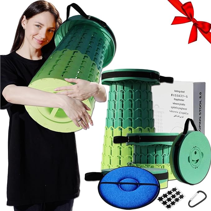 Upgraded 19.7"Portable Collapsible Folding Stool with Cushion Retractable Telescoping Foldable Stool for Adults Heavy Duty Camping Sturdy with Max Load Capacity 1000lbs for Outdoor Fishing Hiking BBQ