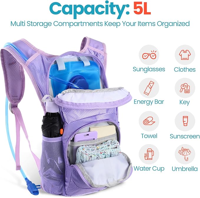 2 Pcs Kids Hydration Backpack with 1.5L Water Bladder Lightweight Kids Hiking Backpack Water Rucksack for Boys Girls Climbing Running