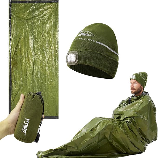Emergency Sleeping Bag & LED Beanie Kit - Portable Bivy Sack Blanket, Winter Warm Knitted Hat with Light, Waterproof Survival Gear for Camping Hiking Adventure
