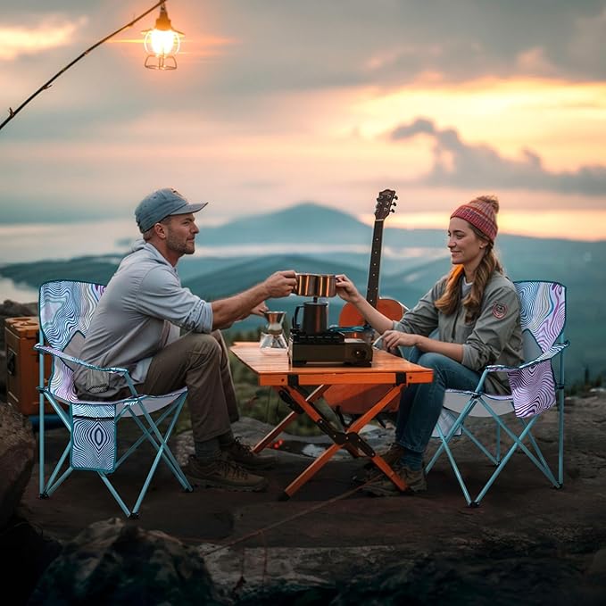 Nazhura 2 Pack Folding Camping Chair with Cooler Pouch, Mesh Backrest and Cup Holder Pocket (Flower, 2 Pack)