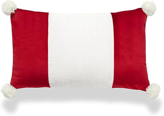 Hofdeco Premium Christmas Holiday Winter Soft Velvet Decorative Lumbar Pillow Cover ONLY for Couch, Sofa, Bed, Wide Striped with Pom poms, Red, 12"x20"