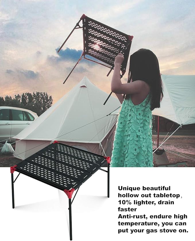 iClimb Extendable Folding Table Large Tabletop Area Ultralight Compact with Hollow Out Tabletop for Camping Backpacking Beach Concert BBQ Party, Three Size (Black - S + Hanger)