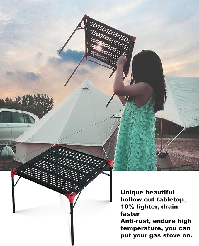 iClimb Extendable Folding Table Large Tabletop Area Ultralight Compact with Hollow Out Tabletop and Carry Bag for Camping Backpacking Beach Concert BBQ Party, Three Size (Black - L)