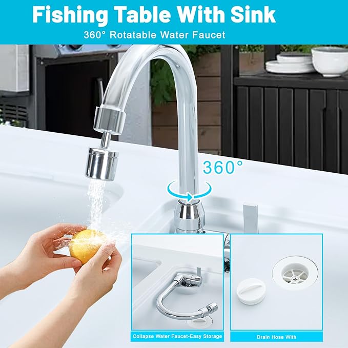 Nice C Fish Cleaning Table with Sink, Fish Skinning Table with 2 Sinks, w/Side Table, Faucet & Spray Nozzle, Toolkit, Portable Cleaning Station for Fishing, BBQ, Camping, Backyard Prep (White)