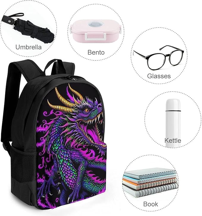 Men Women Lightweight Burning Flaming Fire Chinese Dragon Art Backpack Large Capacity Bookbag With Smooth Zippers for Gym Business Running