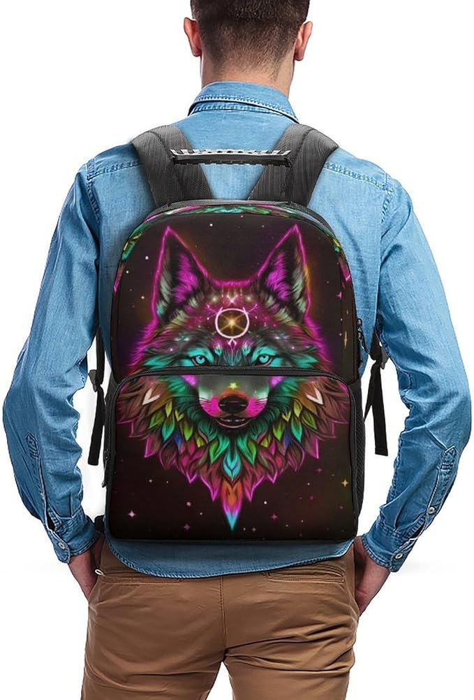 Lightweight Rucksacks for Climbing Outdoors Walking Cycling, Large Capacity Anti-Theft Multipurpose Carry On Bag, Trippy Tribal Wolf Space Galaxy Art Camping Outdoor Backpack