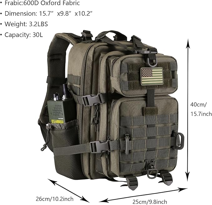 30L MOLLE Assault Pack, Tactical Backpack Military Army Camping Rucksack with Bottle Holder, 3-Day Pack, Olive Green