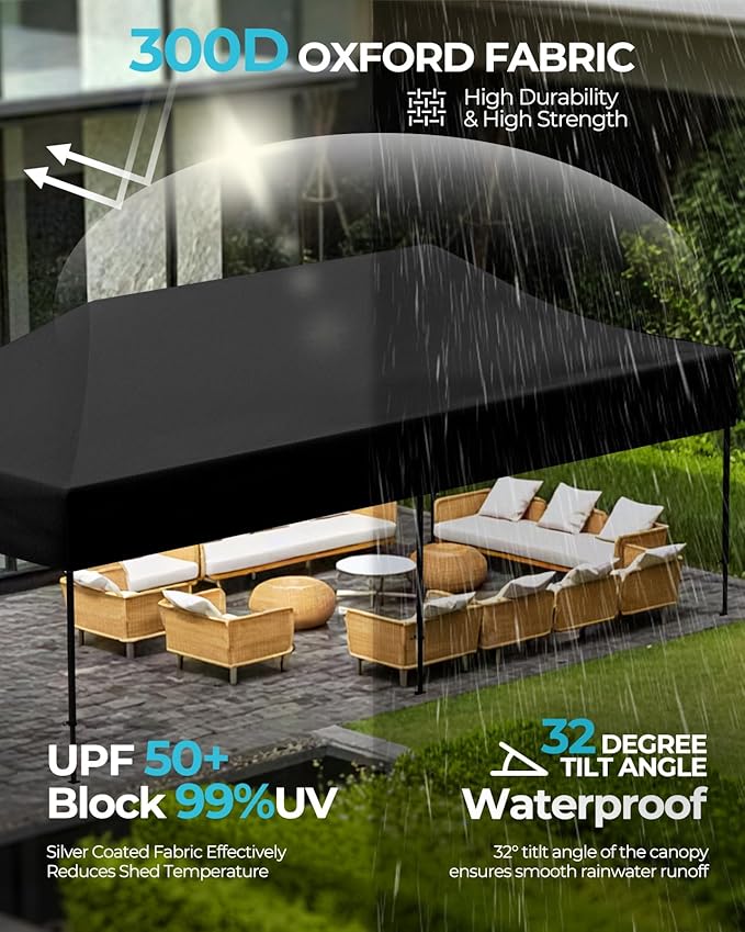 10x20 Pop Up Canopy Tent with Roller Bag, Easy Set Up, Waterproof Commercial Shelter, 6 Stakes & 6Sandbags & 6 Ropes, Silver Coated Top, Black