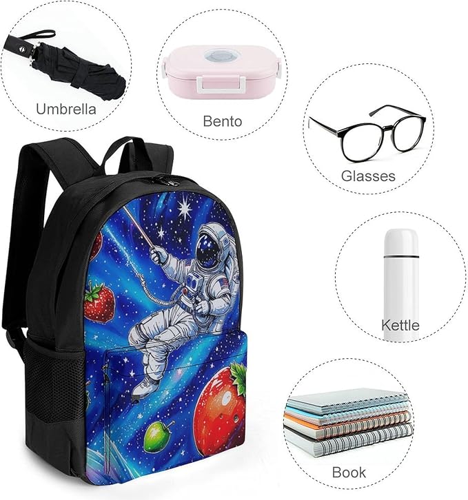 Supdreamc Backpack Multipurpose Anti-Theft Large Capacity Bookbag, Space Astronaut Galaxy Strawberry Art Travel Hiking Daypack With Side Pockets
