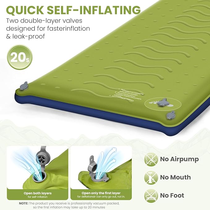 Memory Foam Camping Pad, 3.54'' ULtra-Thick Foam Sleeping Pad for Camping with Pillow, 20s Fast self Inflate&Deflate, 9.5 R-Value Insulated Camping Mattress, Suitable for Tent, Car Travel & More
