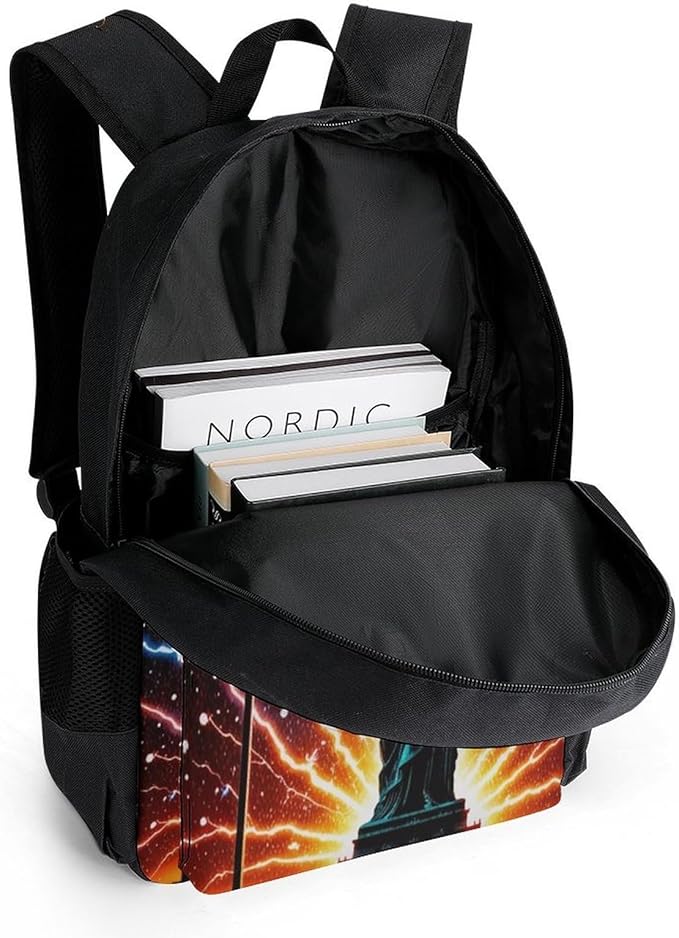 Shoulder Book Bags Anti-Theft Multipurpose Big Capacity Bookbag, American Usa Flag Lightning Statue Of Liberty Travel Hiking Backpack With Smooth Zippers