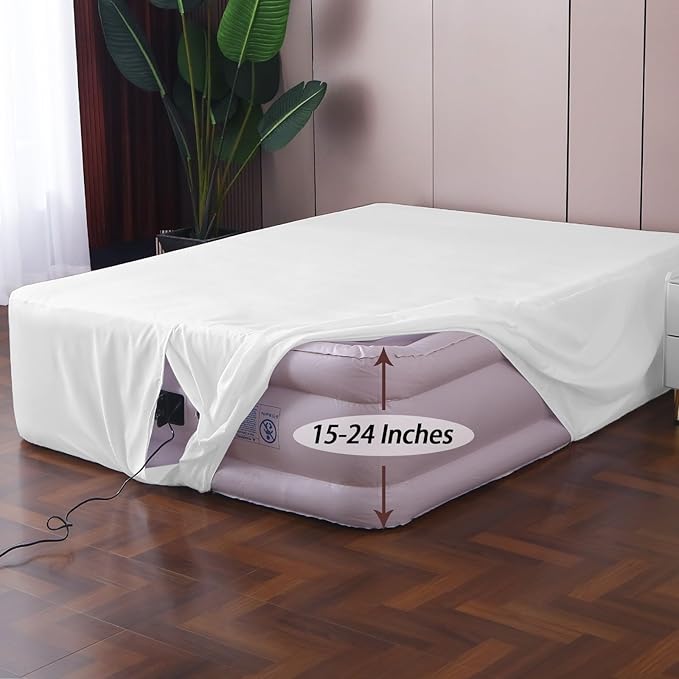 Full Fitted Sheet for Air Mattress,with 24 Inch Extra Deep Pockets,Ultra Soft Durable Breathable Bed Sheets Cover for Inflatable Air Bed,with Pump Opening,Inflate at Any Time-White