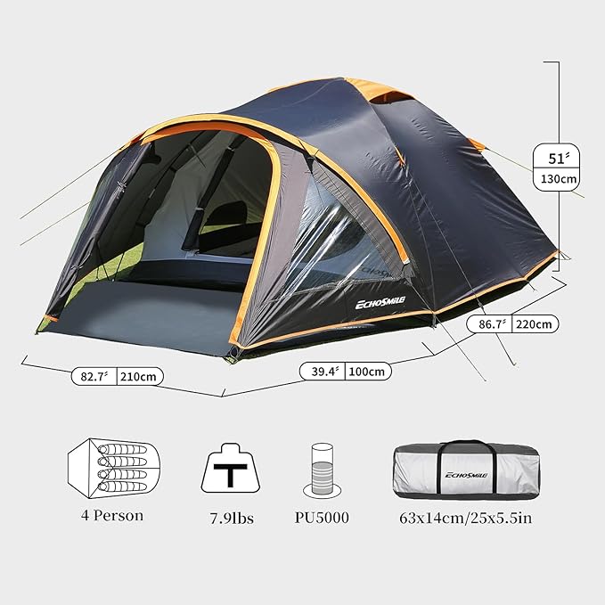 EchoSmile Camping Family Tent for 2-3 Person, Waterproof Dome Tent with Vestibule, Ultralight Easy Setup for Outdoor Camping, 3 Season
