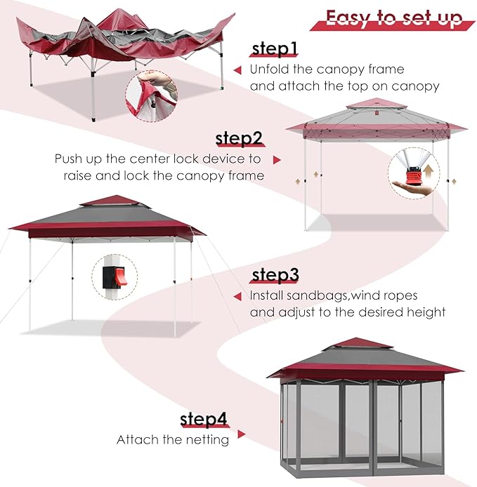 TLSUNNY 11' X 11' Gazebo, Pop Up Outdoor Canopy Tent W/4 Mesh Walls & Wheeled Bag, Screened Shelter with Netting, One-Person Set Up, Height Adjustable, for Patio, Yard, Party, Garden(Burgundy)