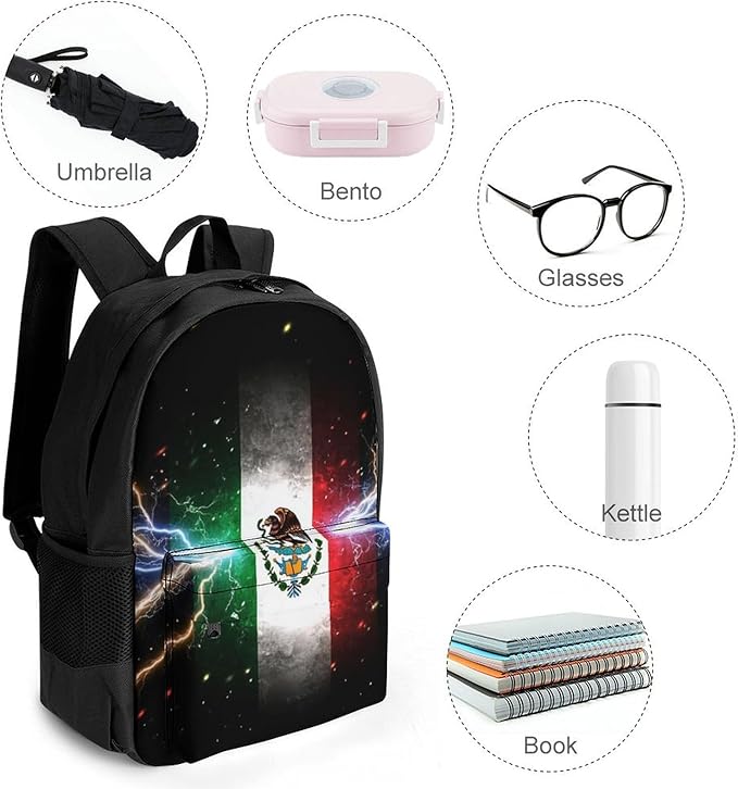 Supdreamc Men Women Lightweight Cool Lightnings Eagle Mexico Flag Daypack Bookbag Big Capacity Carry On Bag With Side Pockets for Camping Travel Bicycle