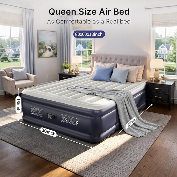 Air Mattress Queen with Built-in Pump, 18" Raised Inflatable Blow Up Mattress,Upgraded Heavy Duty 800lbs Portable Air Bed for Home, Guests,Floor& Camping, Self Inflating Colchon Inflable Queen