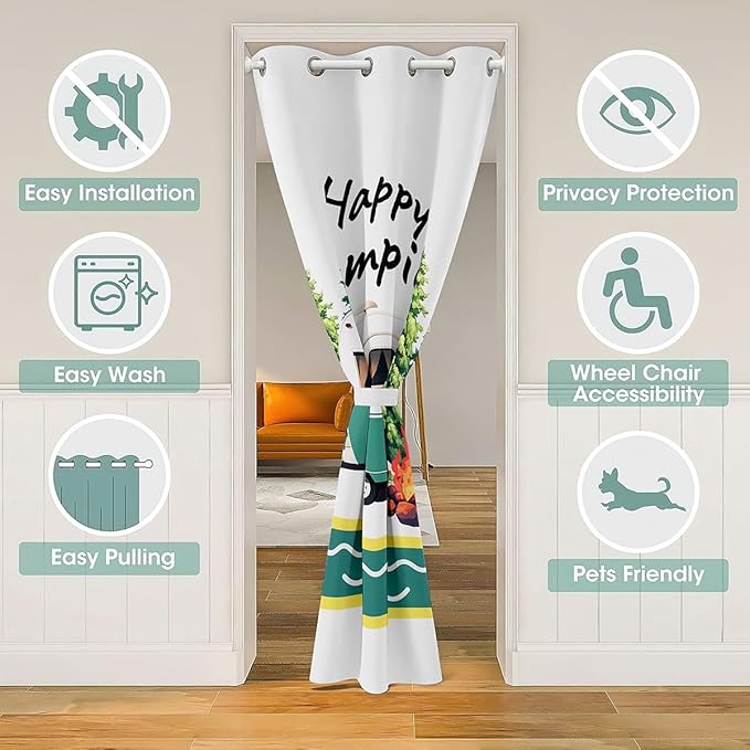 Camping Adventure Door Curtain,Stripe RV Trailer Cartoon Camper Blackout Curtain,Bonfire Campfire Pine Rustic Bedroom Doorway Living Room Decor,Natural Green Privacy Door Drape 1 Panel,60" W X 80" L