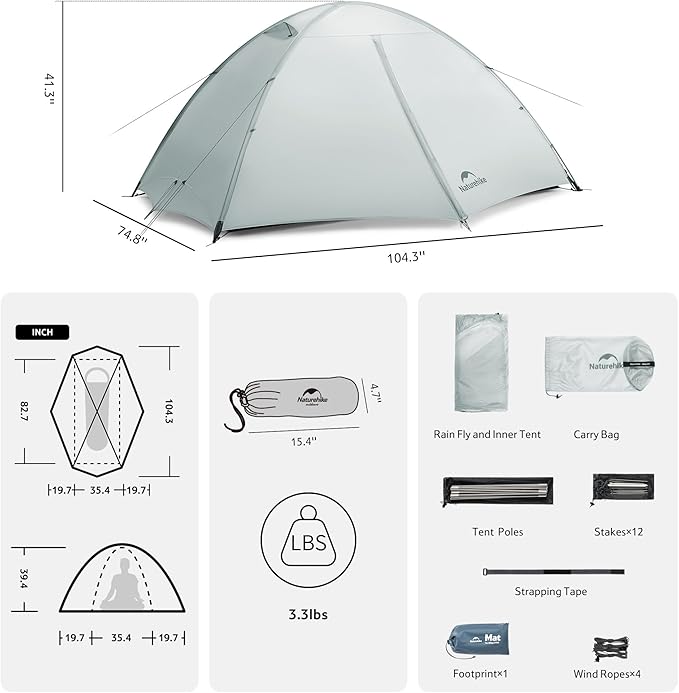 Naturehike Giling 1/2 Person Backpacking Tent 4 Season Lightweight Tent for Hiking & Bikepacking Easy Setup 3000mm Waterproof Ultralight CampingTents for Outdoor Cycling