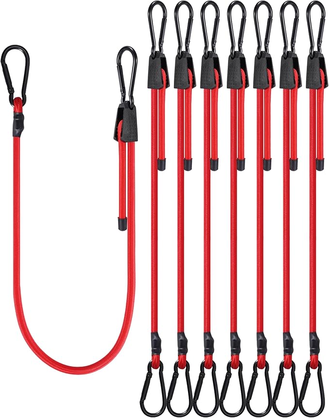 8 Pcs 24 Inch Adjustable Carabiner Bungee Cords with Hooks, Easy to Adjust from 7" to 24", Red Bungee Straps with UV-Resistance & Superior Elasticity for Cargo, Bike, Luggage, Carts, Truck, etc