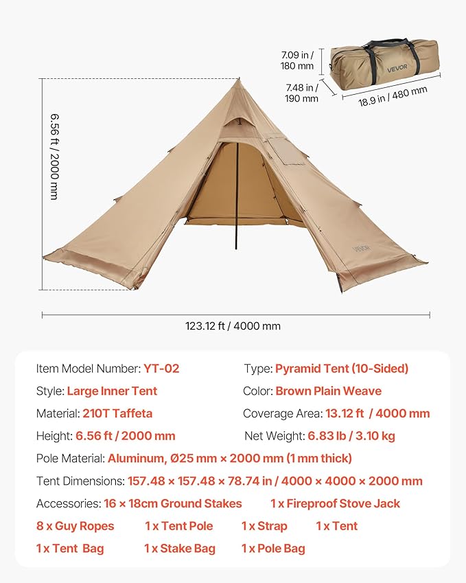 VEVOR Hot Tent, Camping Tipi Hot Tents with Stove Jack, Portable Winter Camping Tents with Snow Skirt, Easy Setup, Waterproof 4 Season Shelter Tents for Fishing Backpacking