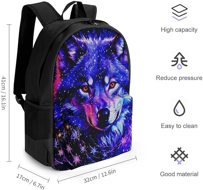 Men Women Lightweight Galaxy Wolf Magical Space Art Daypack Bookbag Big Capacity Carry On Bag With Side Pockets for Camping Travel Bicycle