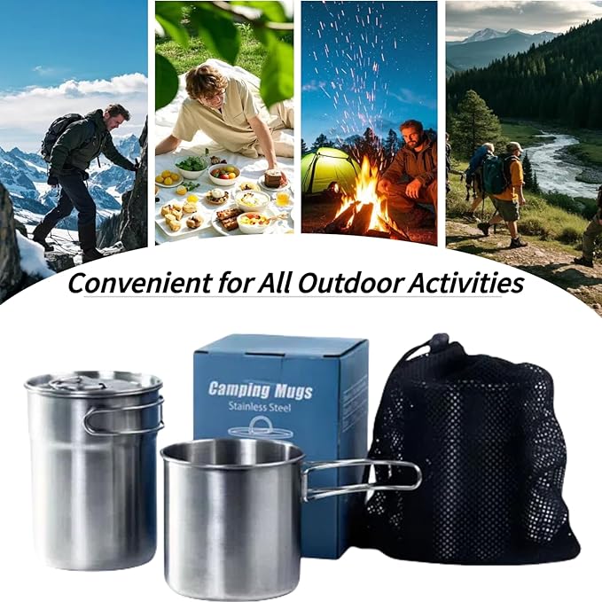Foldable Camping Cups Mugs Camping Pot Cookware 304-Food-Grade Outdoor Camp Cooking Set with Vented lid,Stainless Steel Backpacking Cookware for Hunting