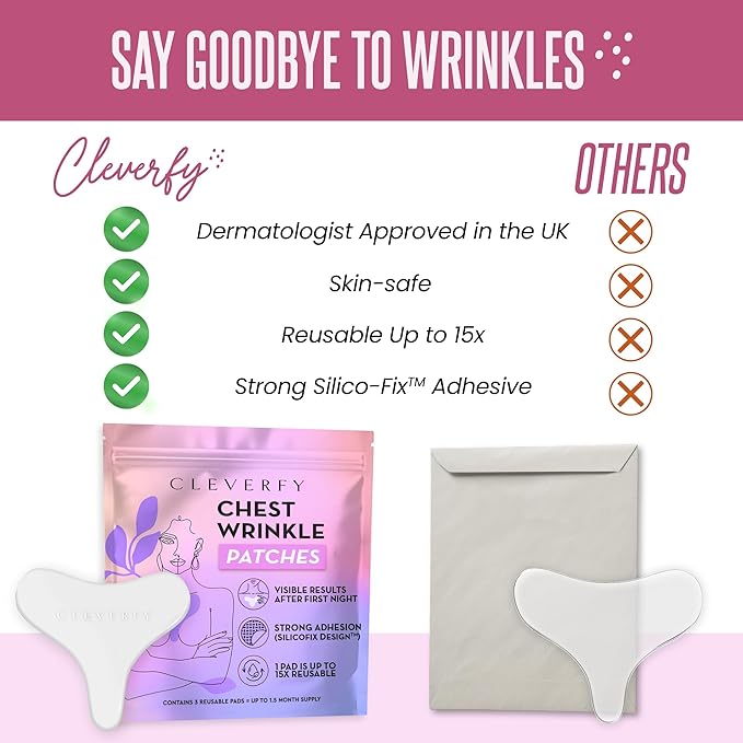 CLEVERFY Silicone Chest Wrinkle Patches for Side Sleeping – Reusable Décolleté Anti-Wrinkle Chest Pads for Overnight Line Prevention (3 Pack, T-Shape)