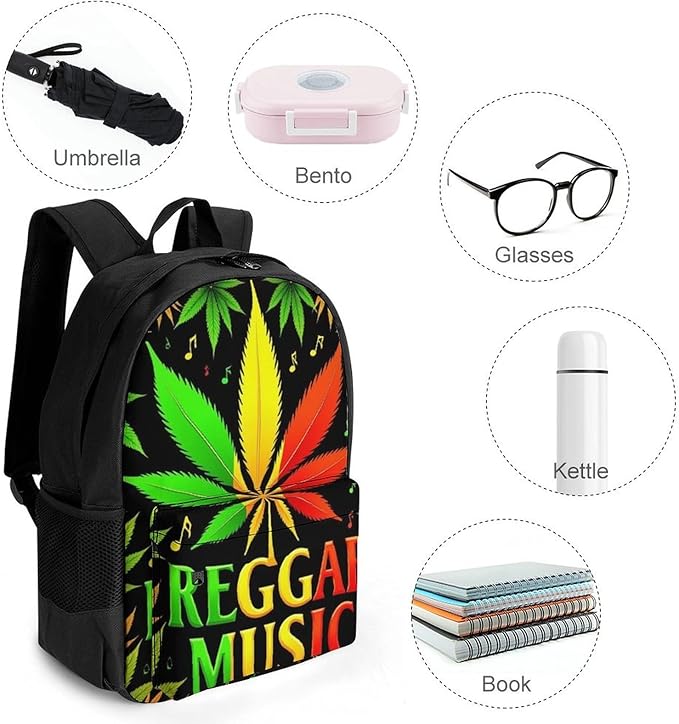 Polyester Daypack Backpack for Trekking Picnic Walking Cycling, Large Capacity Anti-Theft Multipurpose Shoulder Bag, Rasta Flag Weedleaf Leaves Reggae Music Casual Daypack