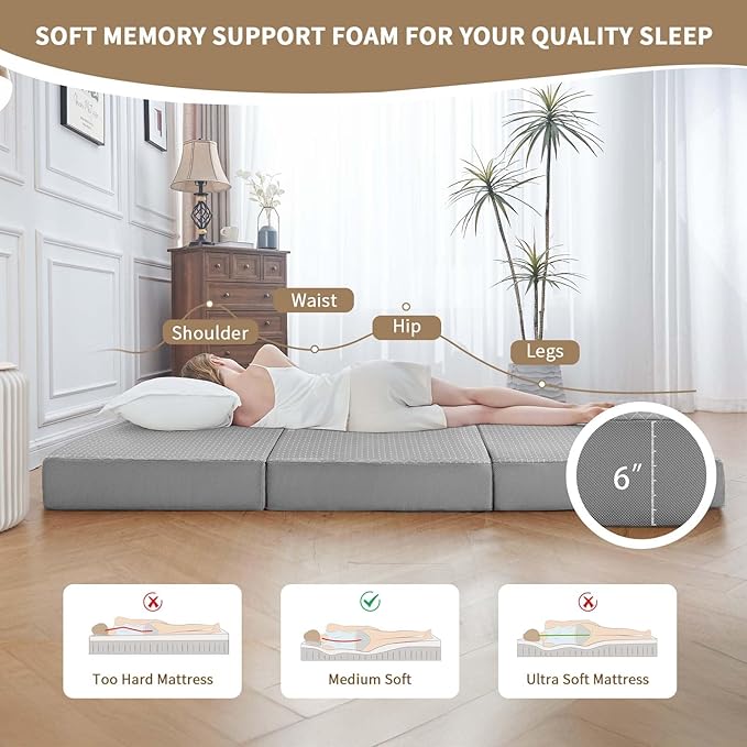 CYMULA Folding Mattress Single Size,6 inch Memory Foam Tri-Fold Single Floor Mattress Topper with Breathable & Washable Cover,Thick Foldable Mat for Camping,Naps and Guests，Grey(25"×75"×6")