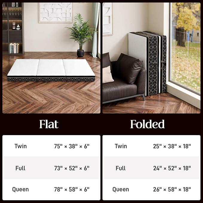 Tri-Fold Memory Foam Mattress Full - 6 Inch Portable Folding Mattress with Handle & Washable Cover, Floor Bed with Non-Slip Base, Space-Saving for Room, Travel, Guest Bed, RV, 73"x52"x6"