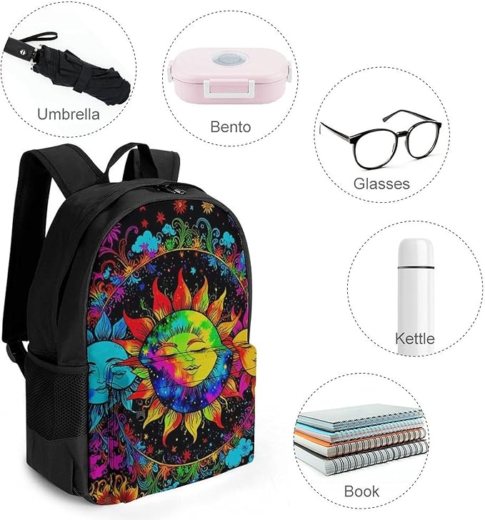 Supdreamc Polyester Daypack Backpack for Trekking Picnic Walking Cycling, Large Capacity Anti-Theft Multipurpose Shoulder Bag, Mandala Triple Sun Hippie Trippy Psychedelic Boho Art Casual Daypack