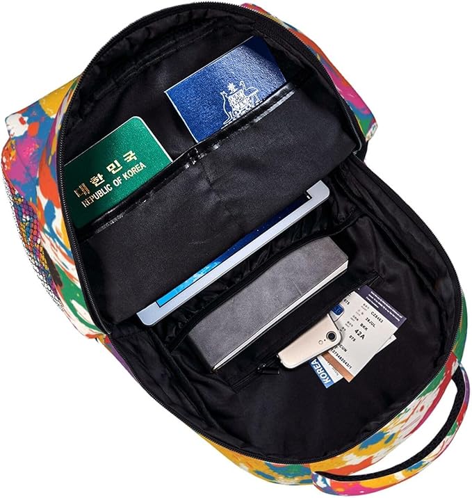 Men Women Polyester Colorful Splatter Color Art Daypack Backpack Large Capacity Carry On Bag With Smooth Zippers for Hiking Picnic Walking Cycling