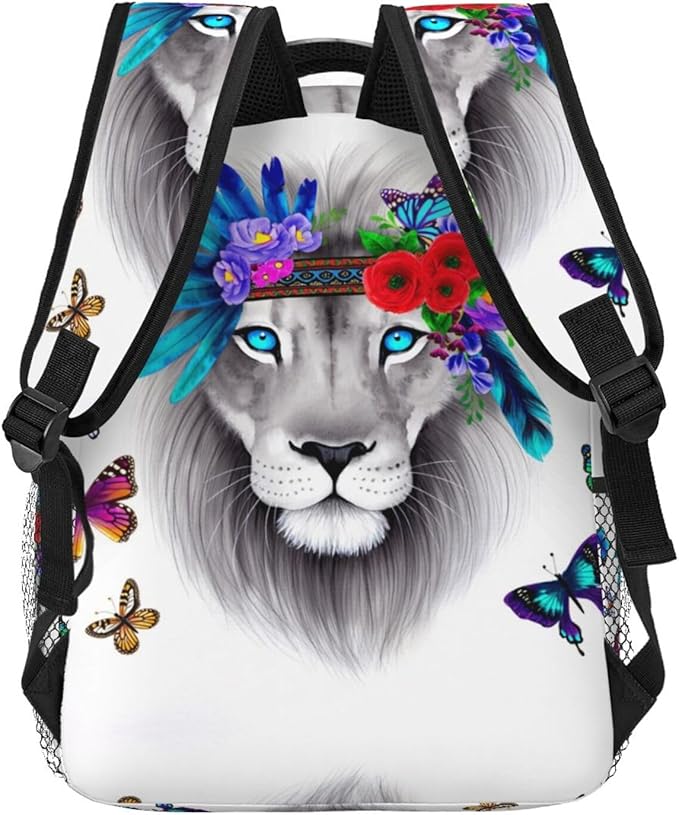 Daypack Backpack Multipurpose Anti-Theft Large Capacity Bookbag, Lion Flowers Floral Butterflies Art Travel Hiking Camping Rucksack With Adjustable Shoulder Straps