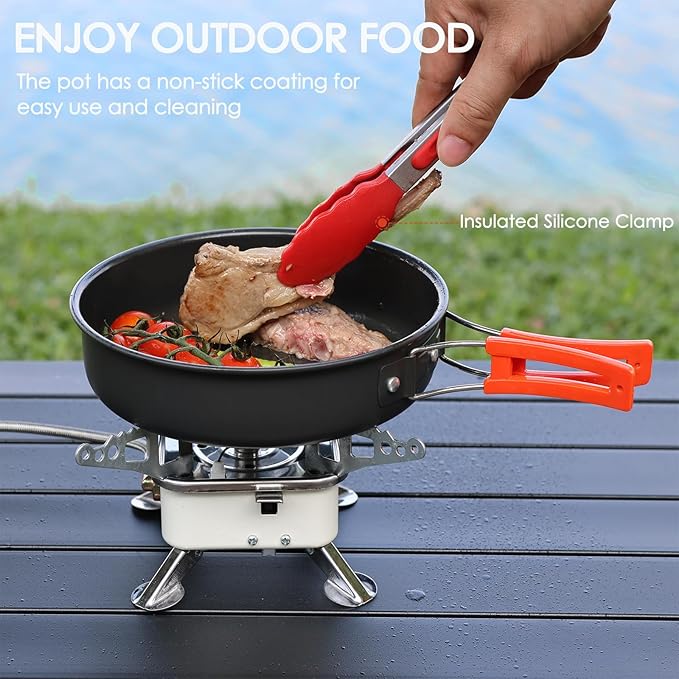 Camping Cookware Mess Kit, Non-Stick Lightweight Camping Pots and Pans with Kettle, Stainless Steel Cups Plates Forks Knives Spoons for Backpacking, Hiking, Outdoor Cooking