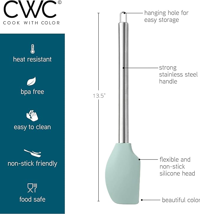 COOK WITH COLOR Silicone Cooking Utensils, Kitchen Utensil Set, Easy to Clean Silicone Kitchen Utensils, Cooking Utensils for Nonstick Cookware, Kitchen Gadgets Set, 10 Pieces, Teal