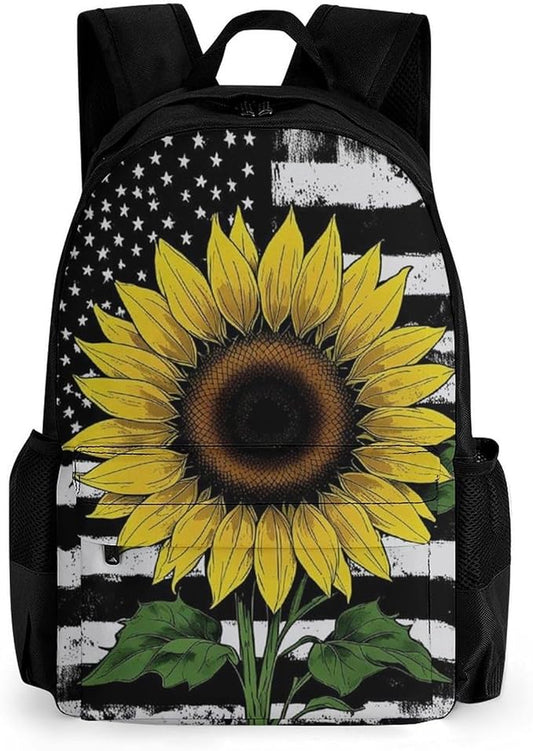 Supdreamc Men Women Lightweight American Thin Black Line Flag Sunflower Art Backpack Large Capacity Carry On Bag With Padded Straps for Sports Work Walking Cycling