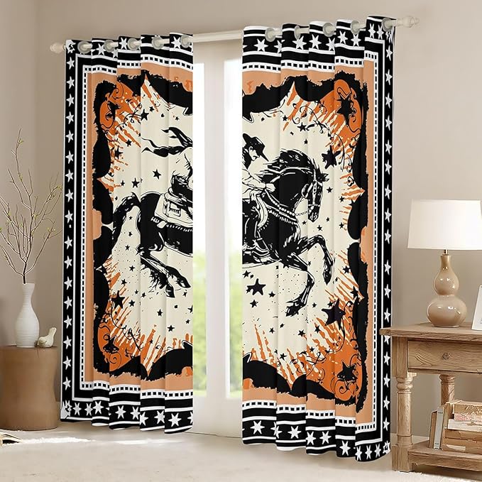 Manfei Western Blackout Curtains Southwestern Country Horse Cowboy Window Drapes,Rustic Farmhouse Window Treatments,Kids Boys Girls Room Decor,Grommet Top 2 Panel Set Bedroom Curtains, 38Wx45L inch