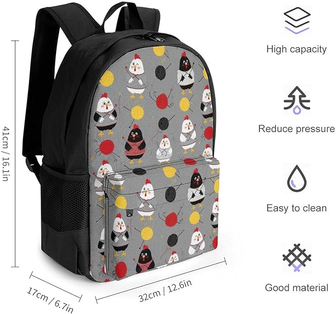 Daypack Lightweight Multipurpose Anti-Theft Red Chickens Grey Shoulder Bag Large Capacity Laptop Book Bag Rucksack With Adjustable Shoulder Straps