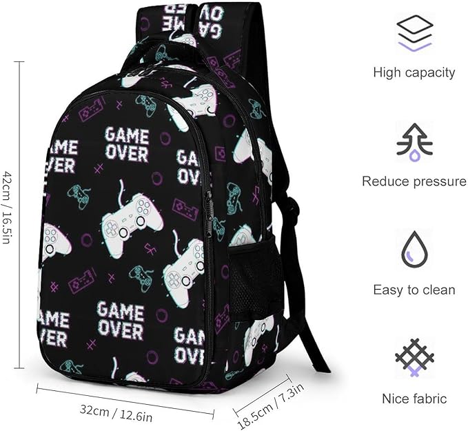 Large Capacity Laptop Backpack Cool Video Games Joystick Game over, Sturdy Water Resistant College Bookbag with Water Bottle Pockets for Business Travel Gifts